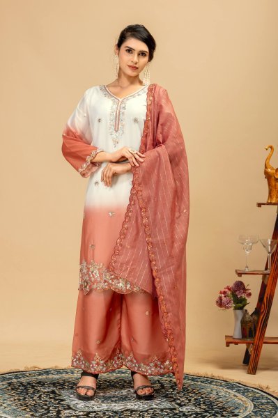 Dapper Peach Wear Georgette Kurti Suit with Front Heavy Beads Work Dupatta Ready To Wear Collection
