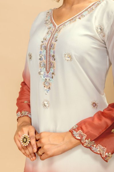 Dapper Peach Wear Georgette Kurti Suit with Front Heavy Beads Work Dupatta Ready To Wear Collection