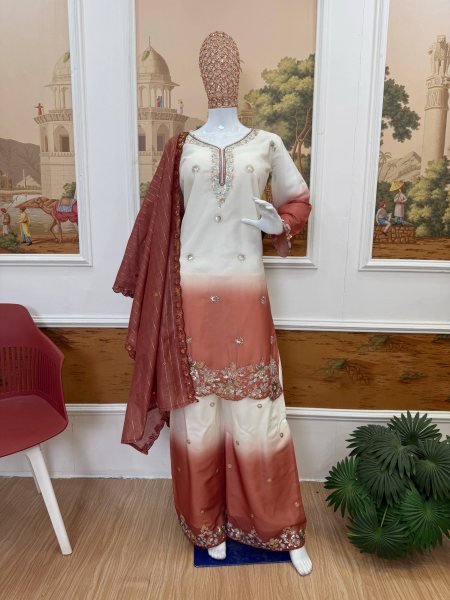 Dapper Peach Wear Georgette Kurti Suit with Front Heavy Beads Work Dupatta Ready To Wear Collection