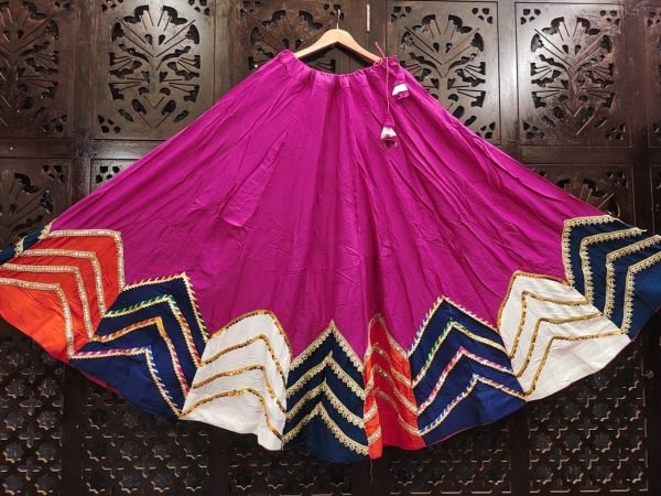 Dapper Pink Cotton Navratri Skirt with Multi Patch Work and 7 Meter Flare Navratri Lehnega Choli