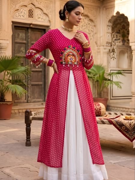 Dapper Pink Designer Navratri Lehenga with Bandhani Print and Kutchi Patchwork Kurti