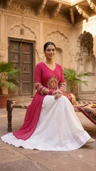 Dapper Pink Designer Navratri Lehenga with Bandhani Print and Kutchi Patchwork Kurti Navratri Lehnega Choli