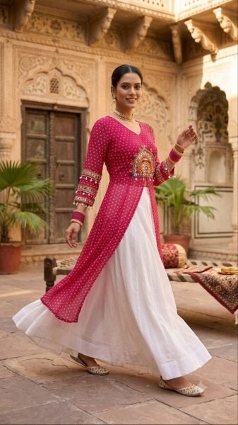 Dapper Pink Designer Navratri Lehenga with Bandhani Print and Kutchi Patchwork Kurti Navratri Lehnega Choli