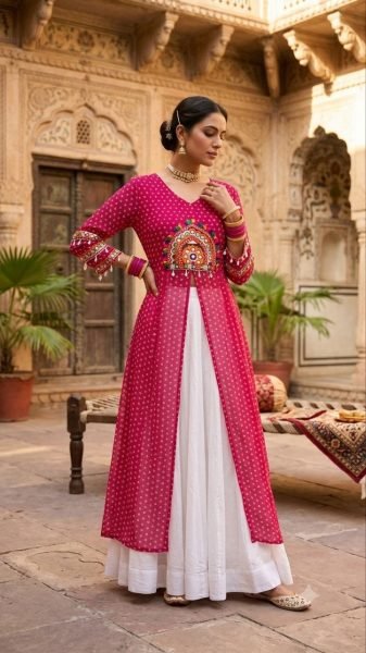 Dapper Pink Designer Navratri Lehenga with Bandhani Print and Kutchi Patchwork Kurti Navratri Lehnega Choli