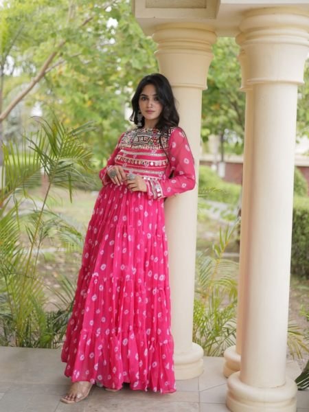 Dapper Pink Georgette Bandhani Gown with Kutchi Patchwork and Full Sleeves 