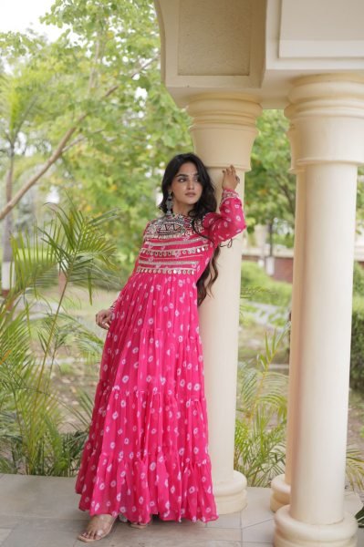 Dapper Pink Georgette Bandhani Gown with Kutchi Patchwork and Full Sleeves Anarkali Kurtis 