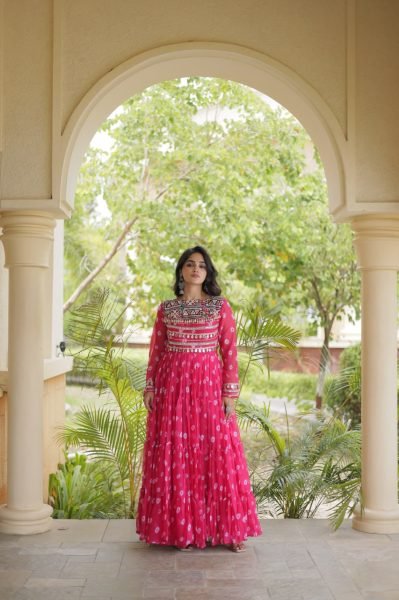 Dapper Pink Georgette Bandhani Gown with Kutchi Patchwork and Full Sleeves Anarkali Kurtis 