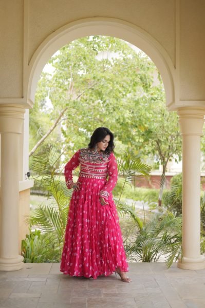 Dapper Pink Georgette Bandhani Gown with Kutchi Patchwork and Full Sleeves Anarkali Kurtis 