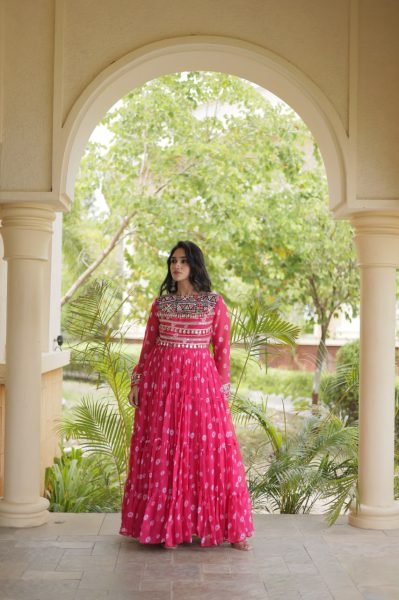Dapper Pink Georgette Bandhani Gown with Kutchi Patchwork and Full Sleeves Anarkali Kurtis 