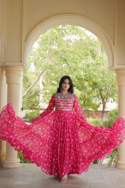 Dapper Pink Georgette Bandhani Gown with Kutchi Patchwork and Full Sleeves Anarkali Kurtis 