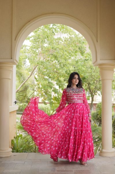 Dapper Pink Georgette Bandhani Gown with Kutchi Patchwork and Full Sleeves Anarkali Kurtis 