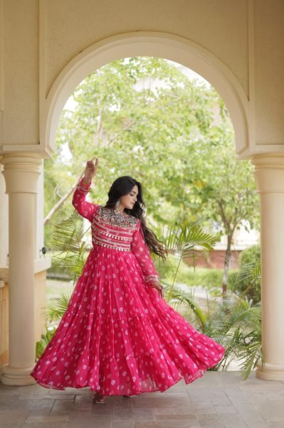 Dapper Pink Georgette Bandhani Gown with Kutchi Patchwork and Full Sleeves Anarkali Kurtis 