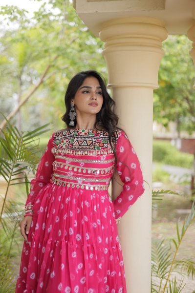 Dapper Pink Georgette Bandhani Gown with Kutchi Patchwork and Full Sleeves Anarkali Kurtis 