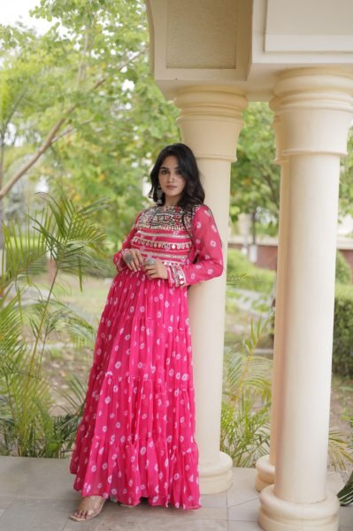 Dapper Pink Georgette Bandhani Gown with Kutchi Patchwork and Full Sleeves Anarkali Kurtis 