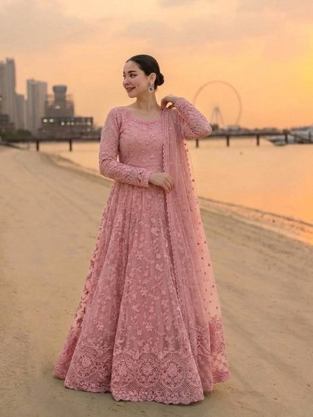 Dapper Pink Georgette Gown Set With Organza Dupatta Using Cutwork For Party Wear Ready To Wear Suit