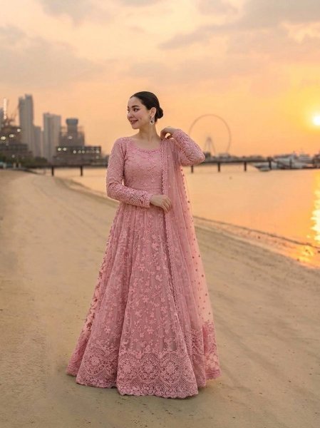 Dapper Pink Georgette Gown Set With Organza Dupatta Using Cutwork For Party Wear Ready To Wear Collection