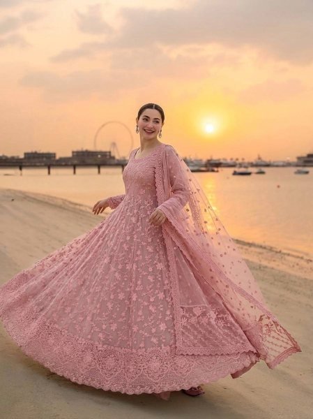 Dapper Pink Georgette Gown Set With Organza Dupatta Using Cutwork For Party Wear Ready To Wear Collection