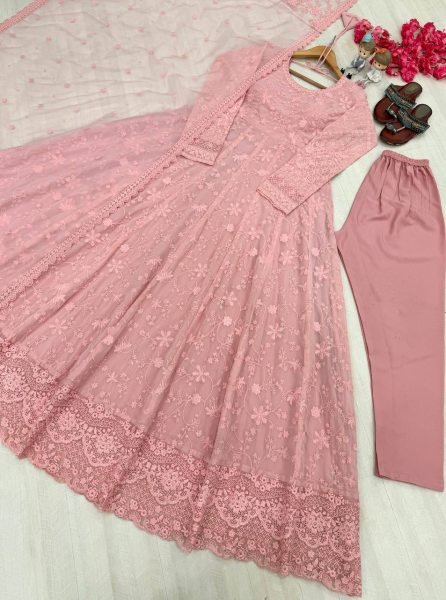Dapper Pink Georgette Gown Set With Organza Dupatta Using Cutwork For Party Wear Ready To Wear Collection