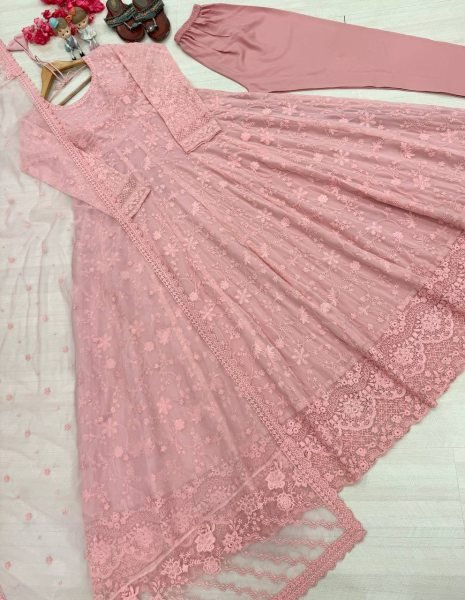 Dapper Pink Georgette Gown Set With Organza Dupatta Using Cutwork For Party Wear Ready To Wear Collection
