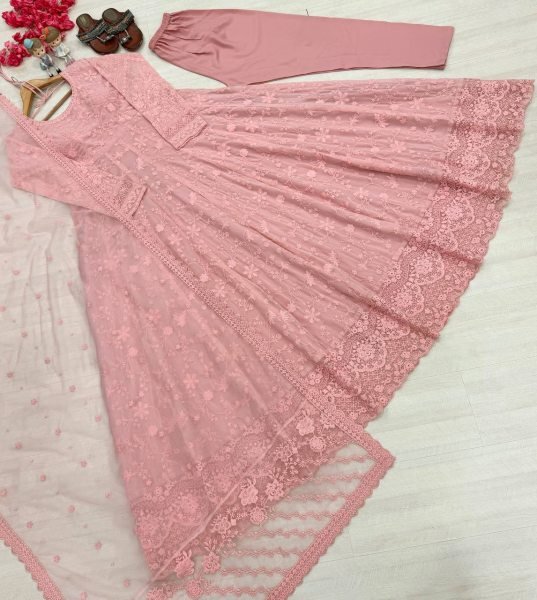 Dapper Pink Georgette Gown Set With Organza Dupatta Using Cutwork For Party Wear Ready To Wear Collection