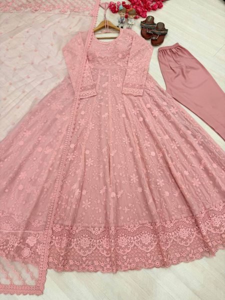 Dapper Pink Georgette Gown Set With Organza Dupatta Using Cutwork For Party Wear Ready To Wear Collection