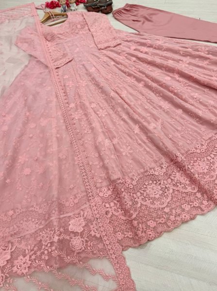 Dapper Pink Georgette Gown Set With Organza Dupatta Using Cutwork For Party Wear Ready To Wear Collection