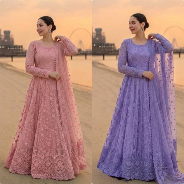 Dapper Pink Georgette Gown Set With Organza Dupatta Using Cutwork For Party Wear Ready To Wear Collection