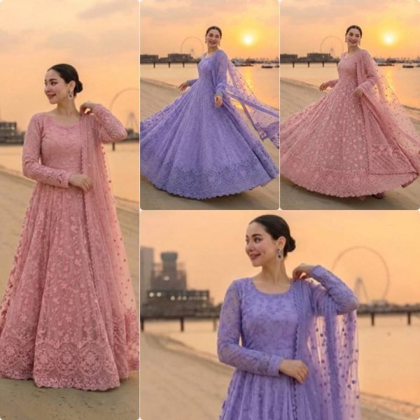 Dapper Pink Georgette Gown Set With Organza Dupatta Using Cutwork For Party Wear Ready To Wear Collection