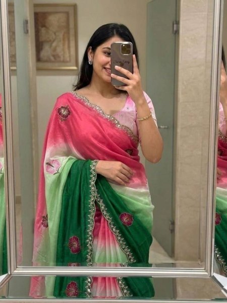 Dapper Pink Green Soft Chinon Silk Saree with Mirror Work and Cut Work Border Sarees 