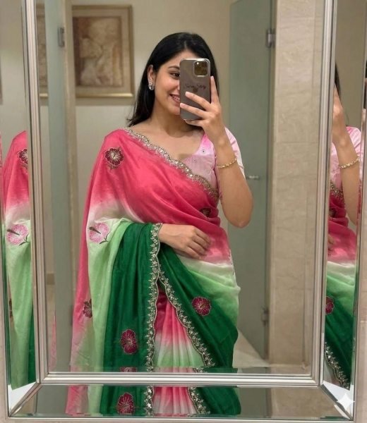 Dapper Pink Green Soft Chinon Silk Saree with Mirror Work and Cut Work Border Silk Sarees Wholesale