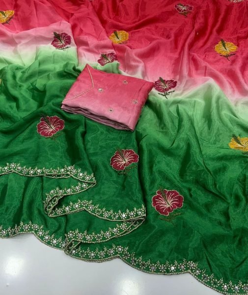 Dapper Pink Green Soft Chinon Silk Saree with Mirror Work and Cut Work Border Silk Sarees Wholesale