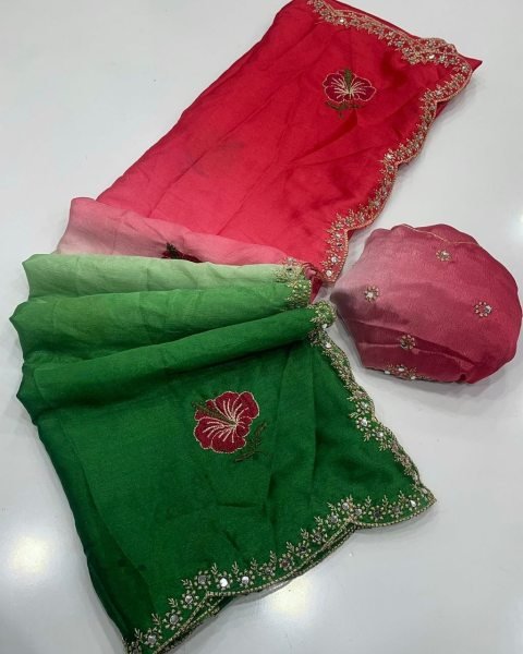 Dapper Pink Green Soft Chinon Silk Saree with Mirror Work and Cut Work Border Silk Sarees Wholesale