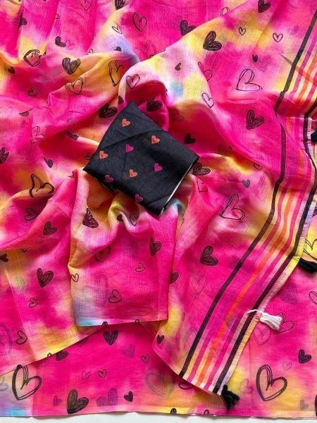 Dapper Pink Women's Soft Linen Saree with Stylish Digital Print and Designer Blouse Sarees 