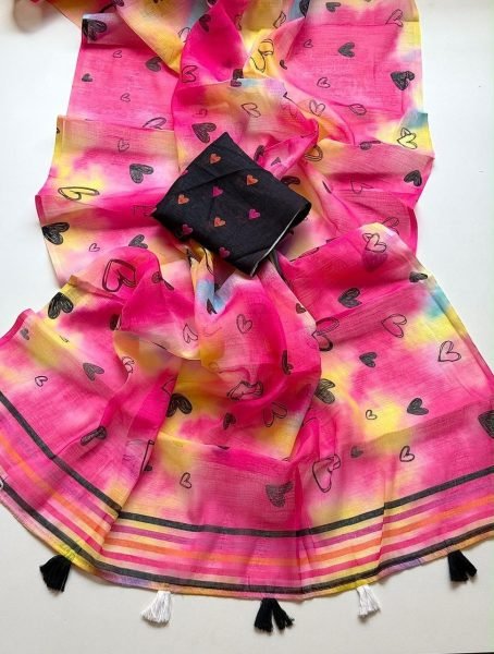 Dapper Pink Women's Soft Linen Saree with Stylish Digital Print and Designer Blouse Printed Cotton Sarees Wholesale