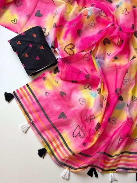 Dapper Pink Women's Soft Linen Saree with Stylish Digital Print and Designer Blouse Printed Cotton Sarees Wholesale
