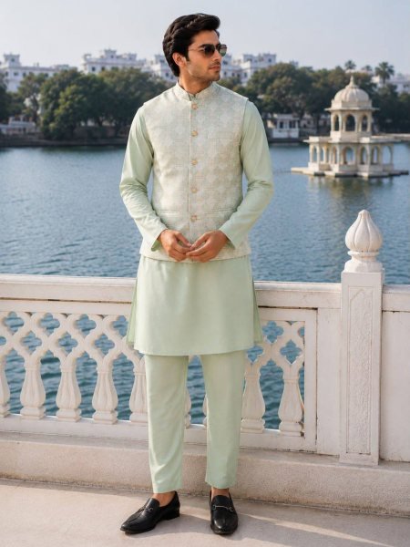 Dapper Pista Premium Malai Satin Kurta Pant with Jacquard Koti Set for Men 