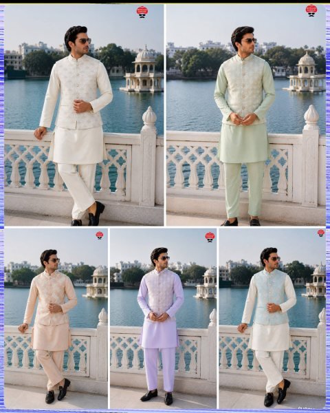 Dapper Pista Premium Malai Satin Kurta Pant with Jacquard Koti Set for Men Kurta Pajama Wholesale