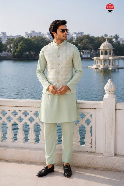 Dapper Pista Premium Malai Satin Kurta Pant with Jacquard Koti Set for Men Kurta Pajama Wholesale
