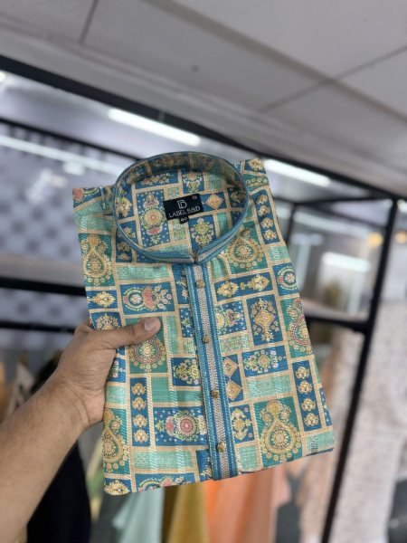 Dapper Pure Tussar Silk Blue Digital Printed Kurta Pajama Set Mens Wear