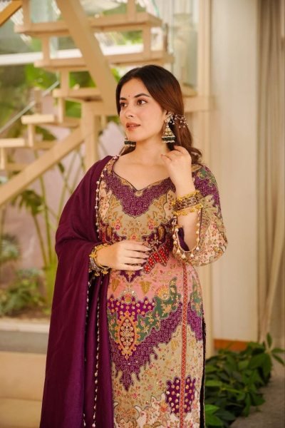 Dapper Purple Chinon Silk Sharara Set with Aari Embroidery and Mirror Work 3 Piece Kurti Set