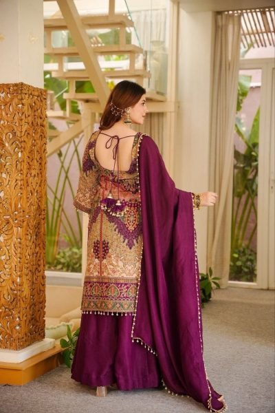 Dapper Purple Chinon Silk Sharara Set with Aari Embroidery and Mirror Work 3 Piece Kurti Set