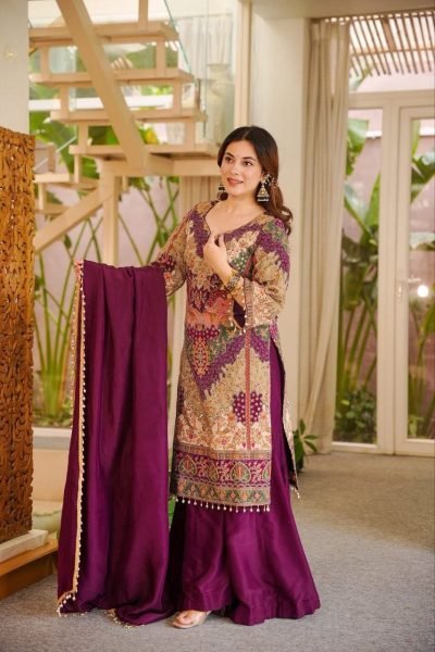 Dapper Purple Chinon Silk Sharara Set with Aari Embroidery and Mirror Work 3 Piece Kurti Set