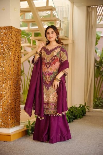 Dapper Purple Chinon Silk Sharara Set with Aari Embroidery and Mirror Work 3 Piece Kurti Set