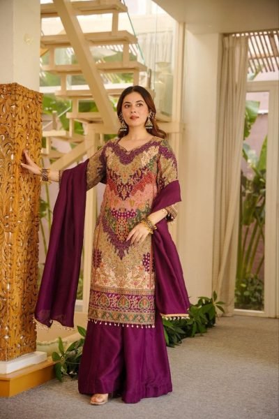 Dapper Purple Chinon Silk Sharara Set with Aari Embroidery and Mirror Work 3 Piece Kurti Set