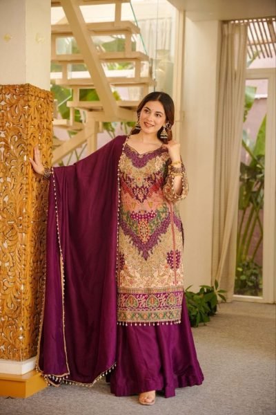 Dapper Purple Chinon Silk Sharara Set with Aari Embroidery and Mirror Work 3 Piece Kurti Set