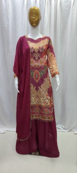 Dapper Purple Chinon Silk Sharara Set with Aari Embroidery and Mirror Work 3 Piece Kurti Set