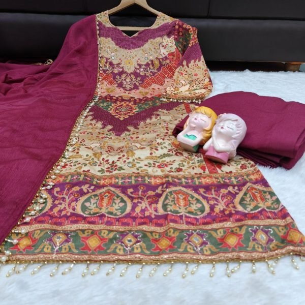 Dapper Purple Chinon Silk Sharara Set with Aari Embroidery and Mirror Work 3 Piece Kurti Set