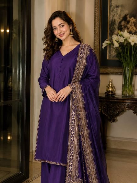 Dapper Purple Natural Crepe Silk Set with Sequins Zari Work Ethnic Suit Set for Women 