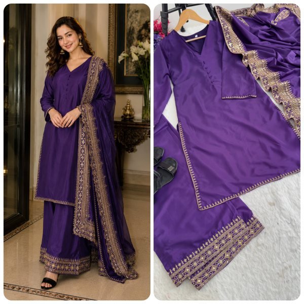 Dapper Purple Natural Crepe Silk Set with Sequins Zari Work Ethnic Suit Set for Women Ready To Wear Collection