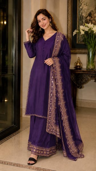 Dapper Purple Natural Crepe Silk Set with Sequins Zari Work Ethnic Suit Set for Women Ready To Wear Collection